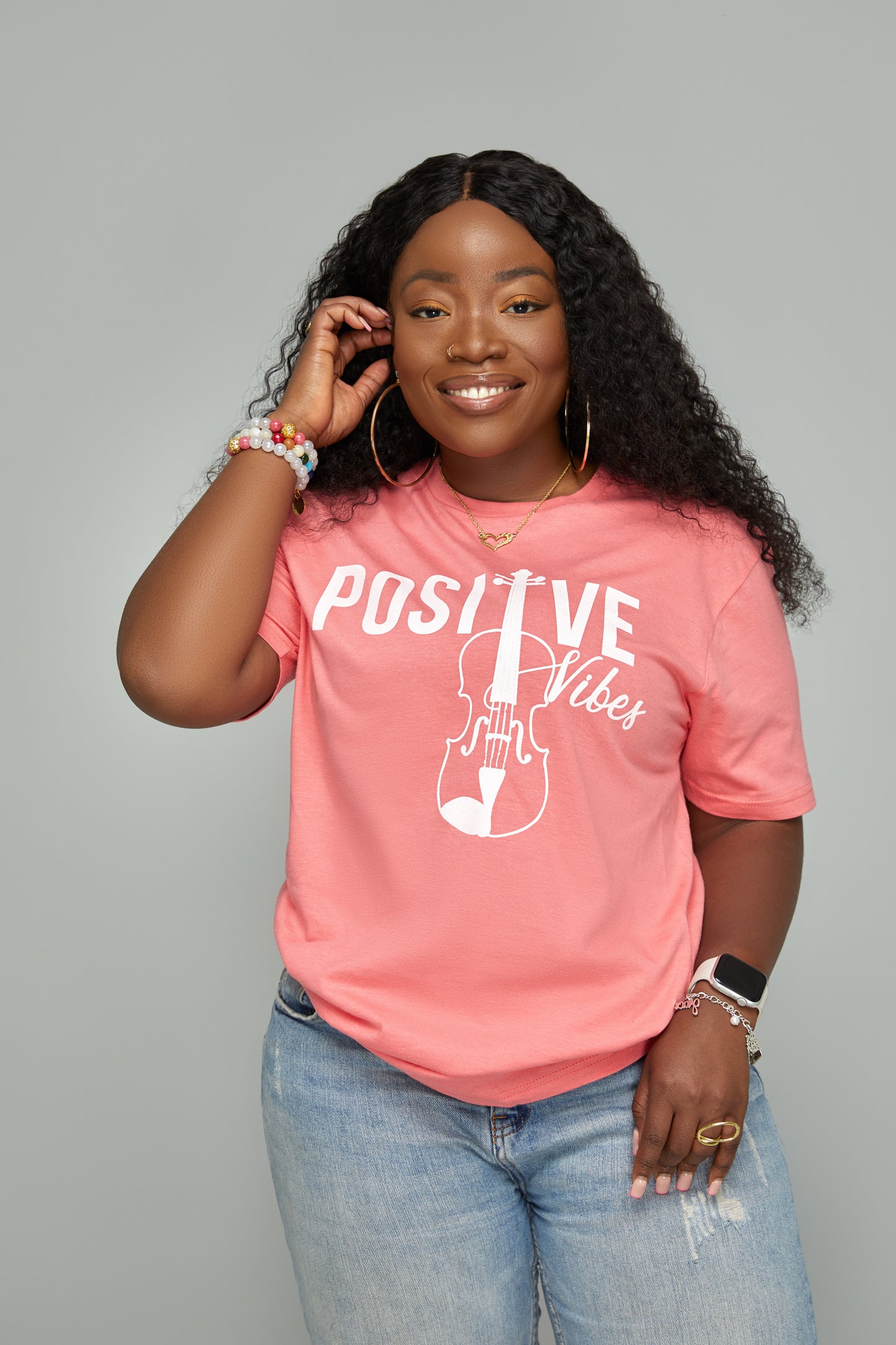 Positive Vibes Tee (White on Coral)